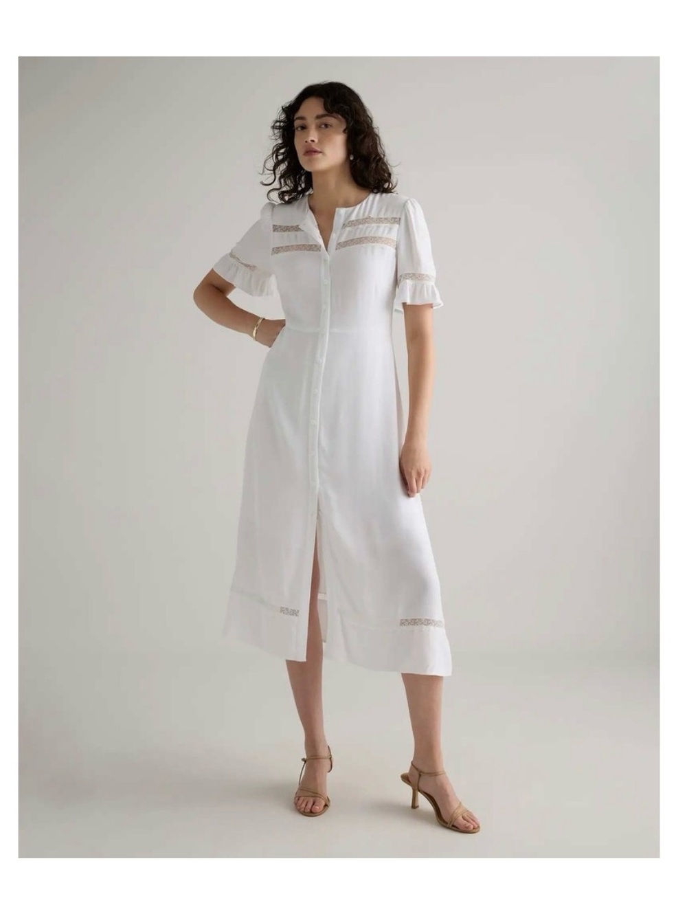 Quince Ivory Crepe Lace-Trim Midi Dress